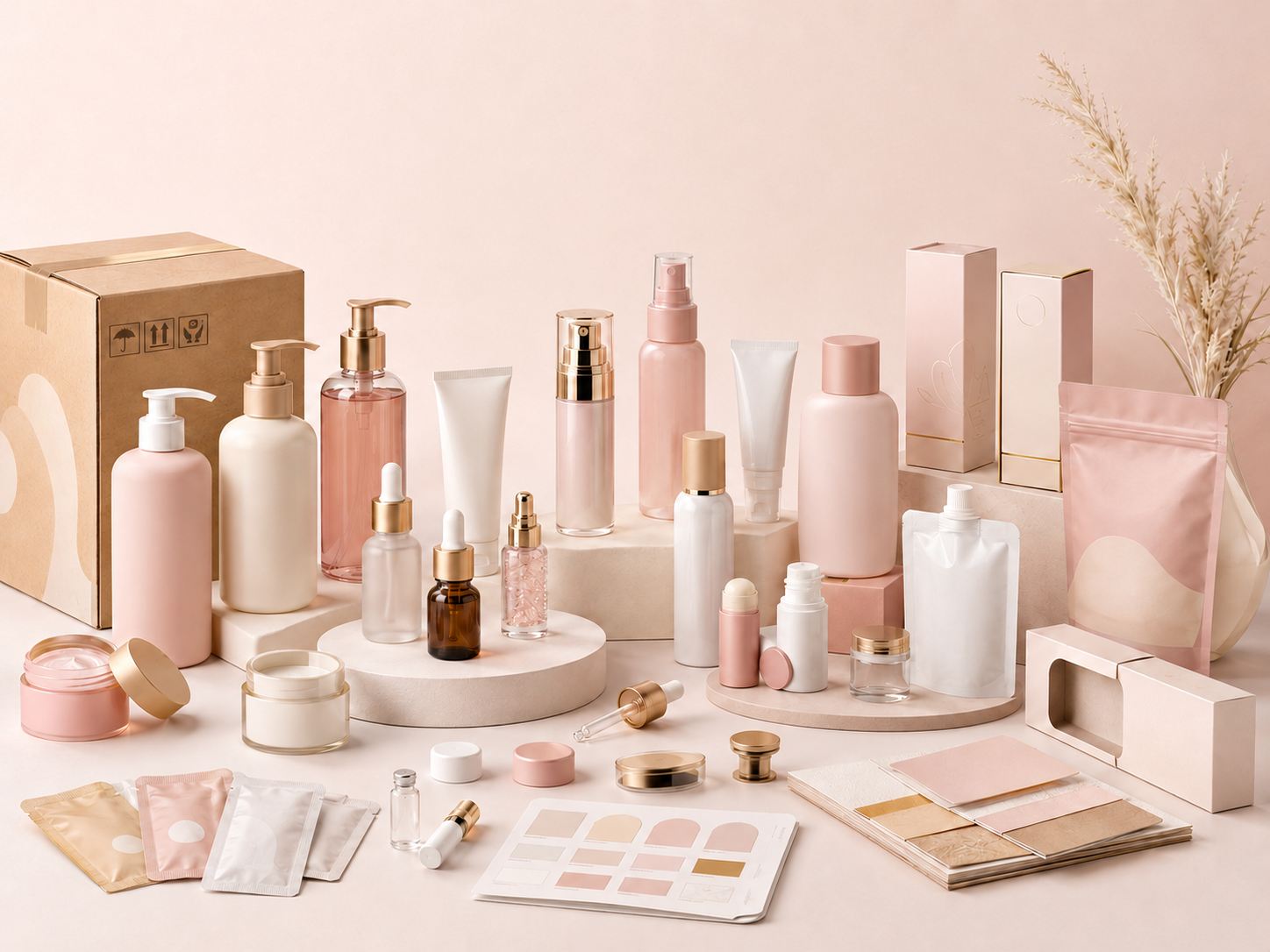 Cosmetic packaging boxes, bottles, and cartons